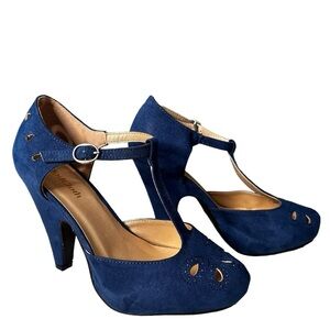Modcloth | Blue The Zest IS History T Strap Heels Size 8 Wide